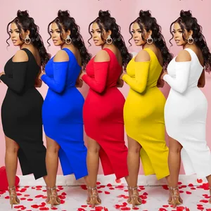 Elegant one-shoulder bodycon midi dress with side slit in multiple colors