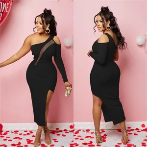 Elegant black one-shoulder midi dress with mesh insert and side slit shown from two angles