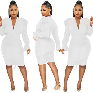 Detailed view of white long-sleeved pleated V-neck dress from multiple angles