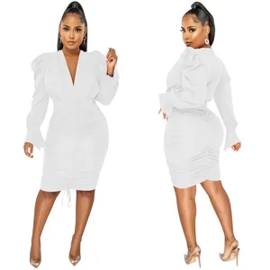 Front and back view of a white V-neck long sleeve bodycon dress with ruching