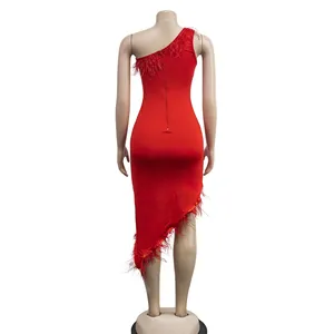 Rückansicht eines roten One-Shoulder-Kleides mit elegantem Federbesatz und asymmetrischem Saum