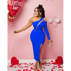 Royal blue one-shoulder dress with mesh panel and high slit for Valentine's Day