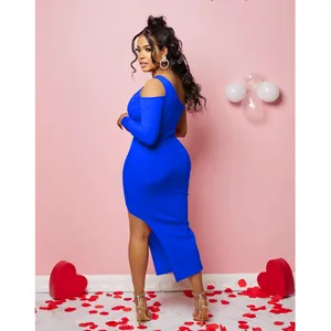 Elegant royal blue one-shoulder long sleeve dress featuring a high slit for party wear