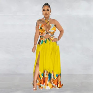 Vibrant color-blocked sleeveless tube top maxi dress with high slit and halter neck.