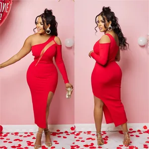 Detailed front and back views of red one-shoulder midi dress with mesh paneling