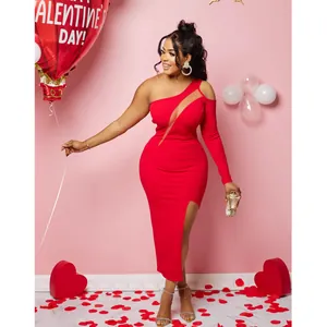 Elegant red one-shoulder maxi dress with mesh cut-out and high slit for Valentine's Day.