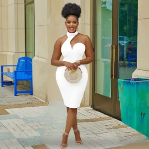 Elegant white halter neck off-shoulder sleeveless midi dress for women.