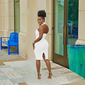 Elegant white halter neck bodycon midi dress with stylish back slit detail for fashionable women