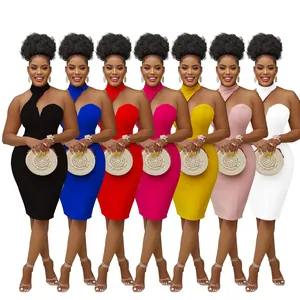 Elegant halter sleeveless off-shoulder bodycon midi dress in multiple vibrant solid colors