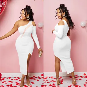 Front and back view of a white one-shoulder midi dress with mesh cutout and high slit design