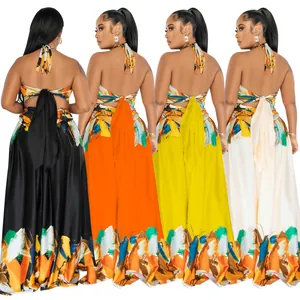 Fashionable halter neck maxi dress with colorful brushstroke print in four colors