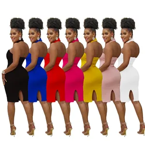 Detailed display of multiple color options for halter neck sleeveless bodycon midi dresses