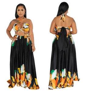 Detailed front and back views of a chic contrast color halter neck bandeau maxi dress
