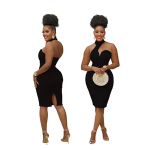 Close-up of black solid color halter neck sleeveless bodycon dress showing front and back detail
