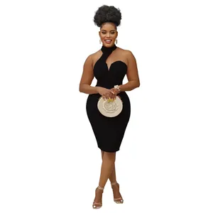 Elegant black halter neck bodycon midi dress featuring one-shoulder cutout design.