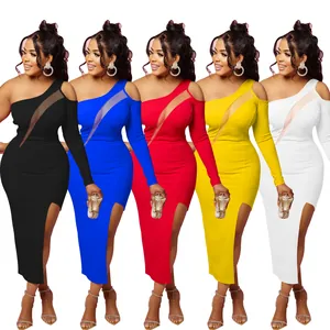 Elegant one-shoulder bodycon maxi dress featuring sheer mesh panel and side slit detail