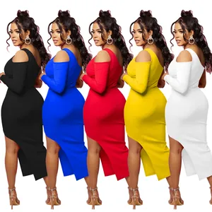 Chic one-shoulder long sleeve bodycon maxi dresses available in five solid colors