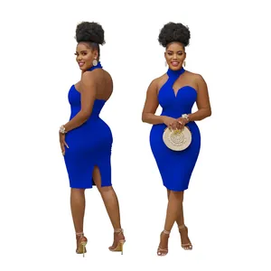 Front and back view of elegant blue halter neck sleeveless bodycon midi dress for women