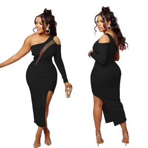 Detailed front and back view of a black one-shoulder maxi dress with mesh insert.