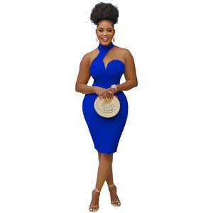 Royal blue halter neck sleeveless dress with cold shoulder design and bodycon fit.