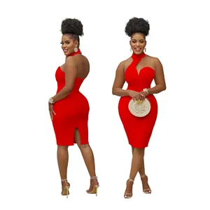 Elegant red halter neck sleeveless bodycon midi dress shown in front and back view