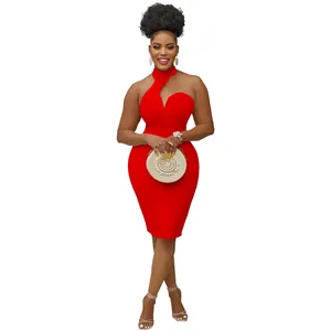 Detailed view of red halter neck bodycon dress showing the asymmetrical neckline design