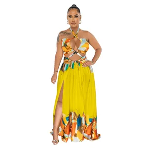 Vibrant yellow color-contrast halter neck maxi dress with a sexy high side slit detail