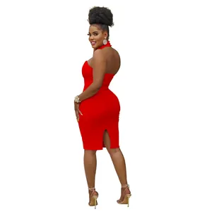 Detailed back view of a stylish red halter neck strapless bodycon dress for women