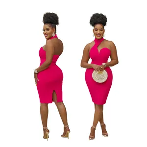 Front and side view of fuchsia halter neck sleeveless bodycon midi dress for women