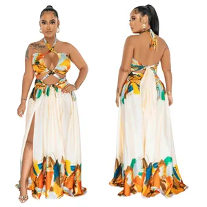 Front and back detail of a vibrant multi-color abstract print halter maxi dress.