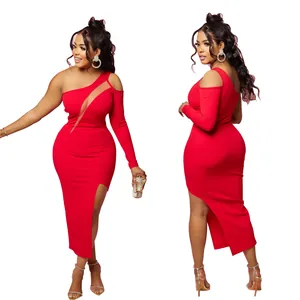 Elegant red one-shoulder mesh cutout maxi dress with high slit shown from two angles