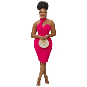 Elegant fuchsia halter neck sleeveless midi dress with asymmetrical shoulder design