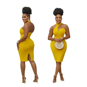 Detailed view of yellow halter neck bodycon sleeveless midi dress with back slit