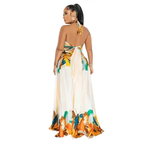 Back view of a vibrant halter-neck maxi dress with tie-up back and colorful print