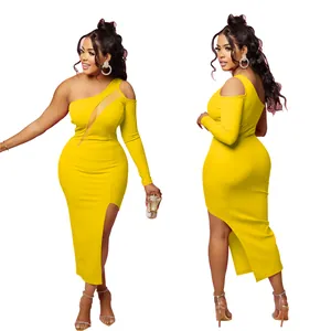 Elegant yellow one-shoulder midi dress with mesh cutout and side slit detailing.