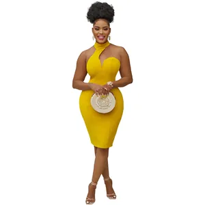 Elegant yellow halter neck sleeveless midi dress with cut-out detail and slim fit design.