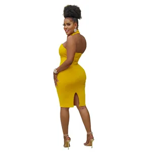 Back and side view of a vibrant yellow halter neck off-the-shoulder sleeveless bodycon dress