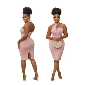 Elegant pink halter off-shoulder bodycon dress with back slit detail