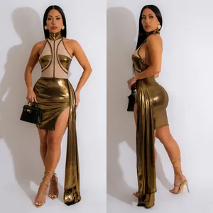 Metallic gold sleeveless mini dress with side drape shown from front and side angles