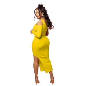 Slim fit yellow oblique shoulder maxi dress with one long sleeve and side slit