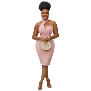Elegant pink halter neck bodycon dress featuring sleeveless and off-shoulder style