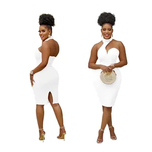 Front and back view of elegant white halter neck sleeveless bodycon midi dress.
