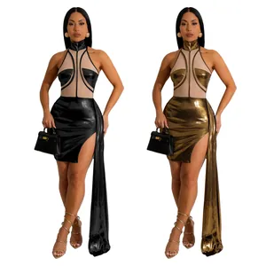 Sexy sleeveless metallic mini dress with mesh panels and a side trailing cape detail