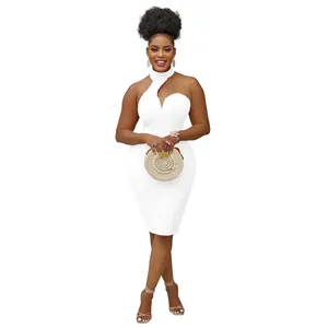 Elegant white halter neck off-shoulder sleeveless midi bodycon dress