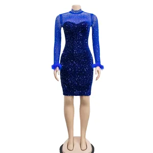 Elegant blue sequined mini dress with sheer rhinestone sleeves and feather cuffs