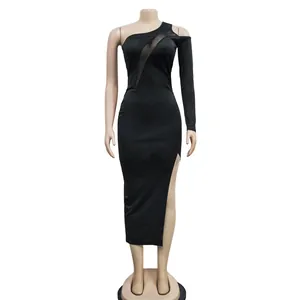 Full-length view of a black one-shoulder mesh patchwork midi dress on a mannequin