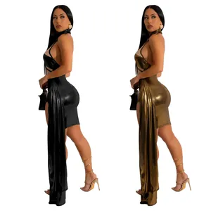 Sleeveless mini dress featuring a long side cape detail in black and metallic gold