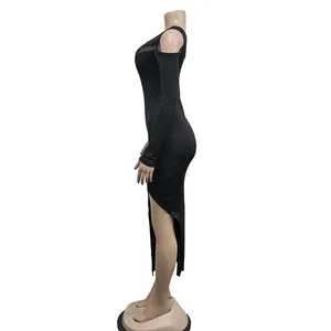 Side view of elegant black asymmetric mesh single long sleeve maxi dress for women