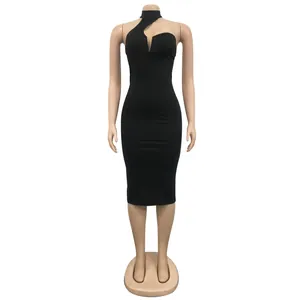 Detailed view of an elegant black sleeveless halter neck bodycon dress on a mannequin