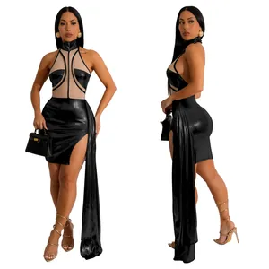 Sexy black sleeveless mini dress with sheer mesh panels and long side drape detail